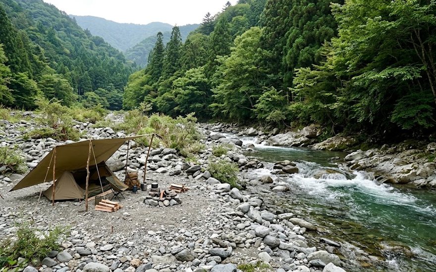 粕川オートキャンプ場（揖斐川町・公営無料河原）のサイト風景イメージ